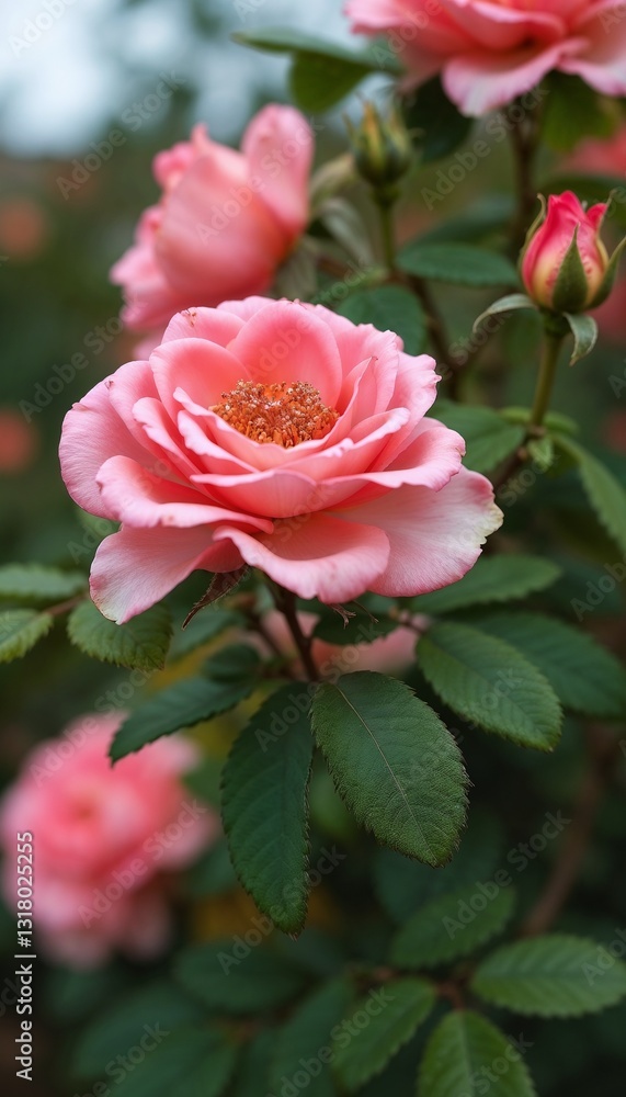 Pink rose blooming beautifully in a serene garden surrounded by green leaves Pink rose blooming beautifully in a serene garden surrounded by green leaves