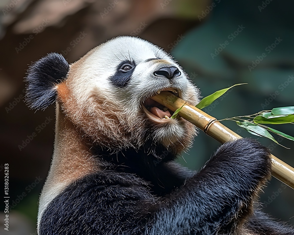 Obraz premium Panda eating bamboo in enclosure (1)