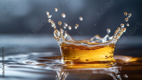 Liquid Crown Brown liquid splashing upward, on a reflective surface for advertising