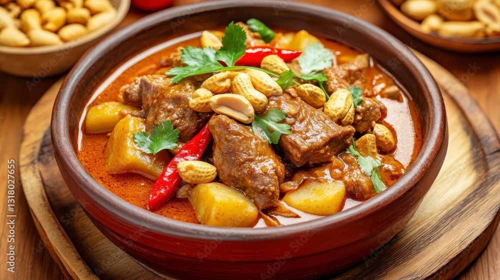 Hearty Meat Stew with Potatoes, Peppers and Nuts in Clay Bowl Hearty Meat Stew with Potatoes, Peppers and Nuts in Clay Bowl