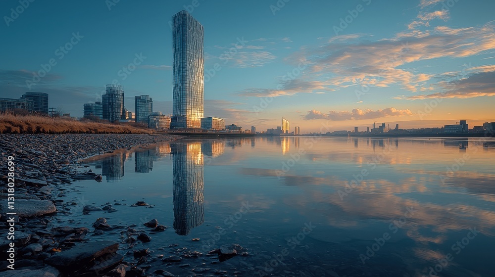 Obraz premium Urban Landscape at Sunrise with Reflections and Modern Architecture