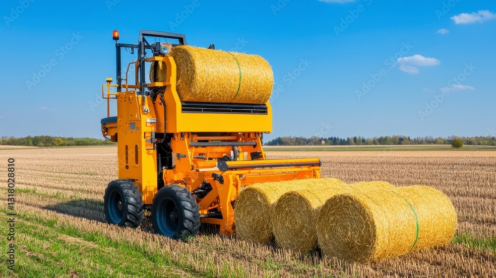 Fototapeta premium Bright Yellow Machine Baling Hay Under Clear Blue Sky