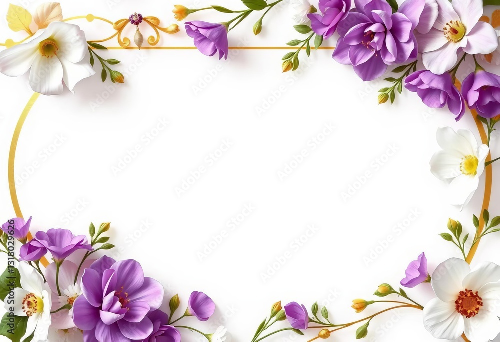 Elegant gold, white, and purple floral frame on blank invitation card , birthday, pattern Elegant gold, white, and purple floral frame on blank invitation card , birthday, pattern