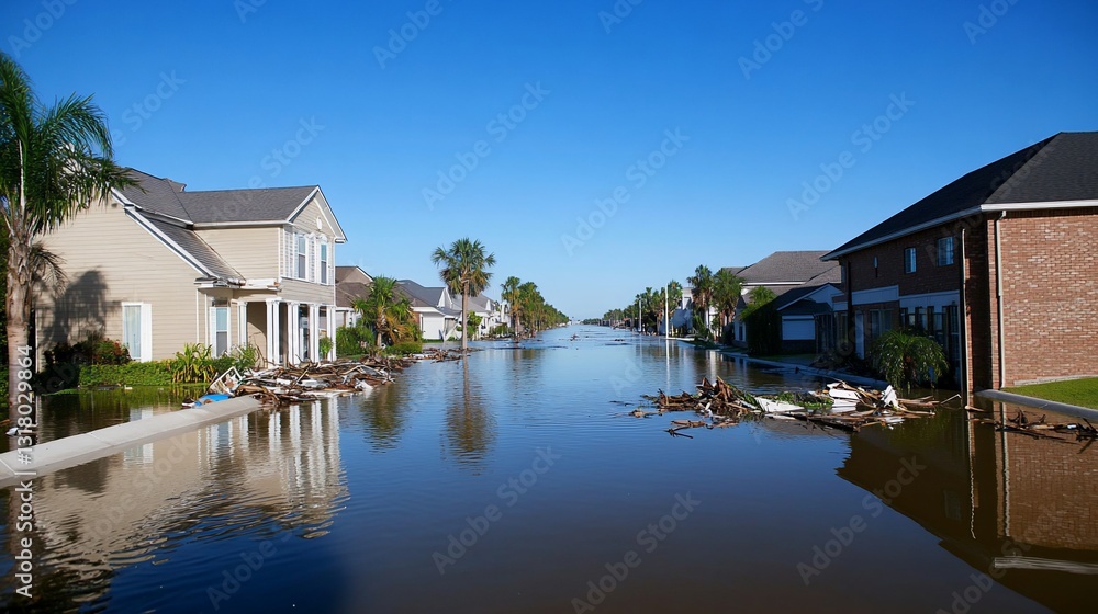 Obraz premium Flooded street in neighborhood, damage after hurricane or storm for news report
