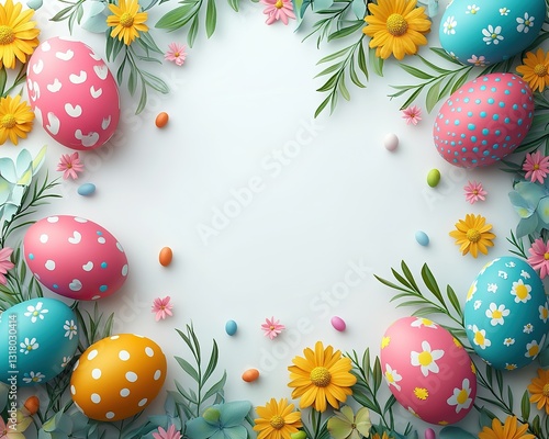  Colorful Easter eggs with flowers on white background for 3D rendering banner design concept