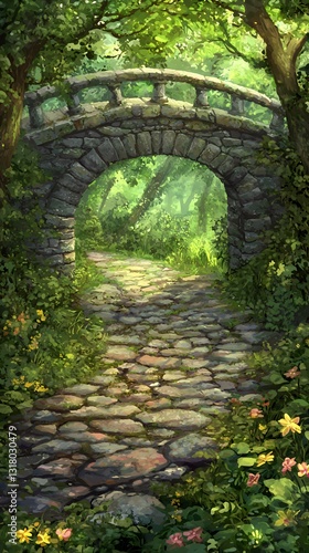 Stone Arch Bridge Path Through Lush Green Forest