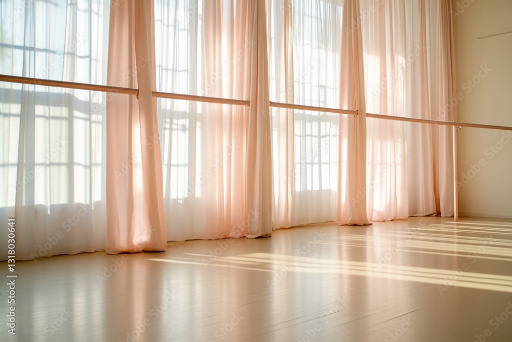 Dance studio with light streaming through curtains; exercise or stretching space Dance studio with light streaming through curtains; exercise or stretching space