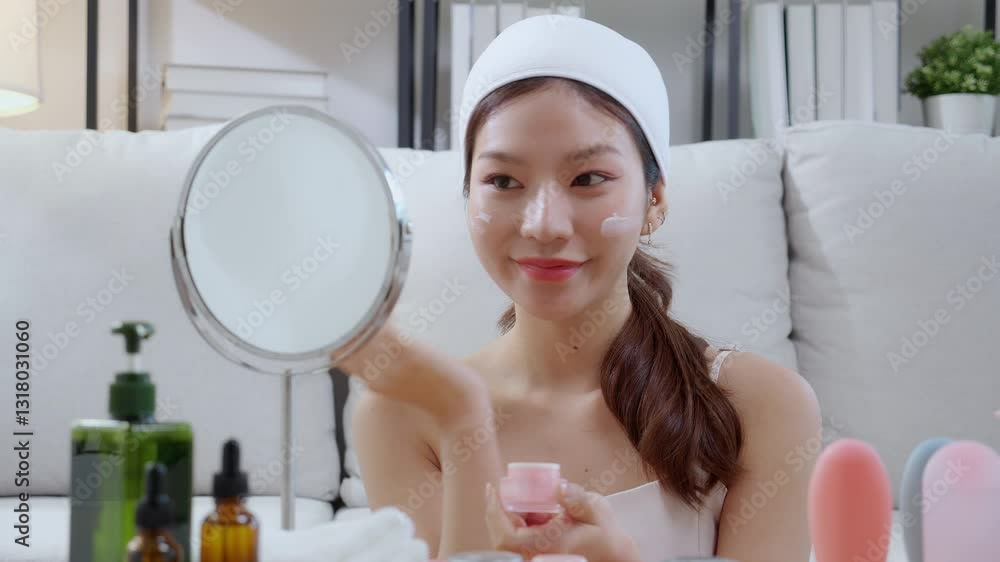 Beauty young asian woman applying cream on facial for wrinkles while looking mirror in living room at home, happy beautiful woman applying lotion moisturizer on cheek for hygiene, skincare and beauty. Beauty young asian woman applying cream on facial for wrinkles while looking mirror in living room at home, happy beautiful woman applying lotion moisturizer on cheek for hygiene, skincare and beauty.