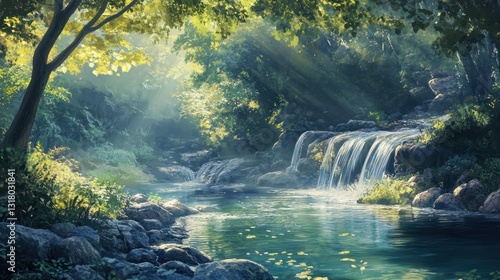 Serene waterfall in lush forest, sun rays, tranquil stream; nature background