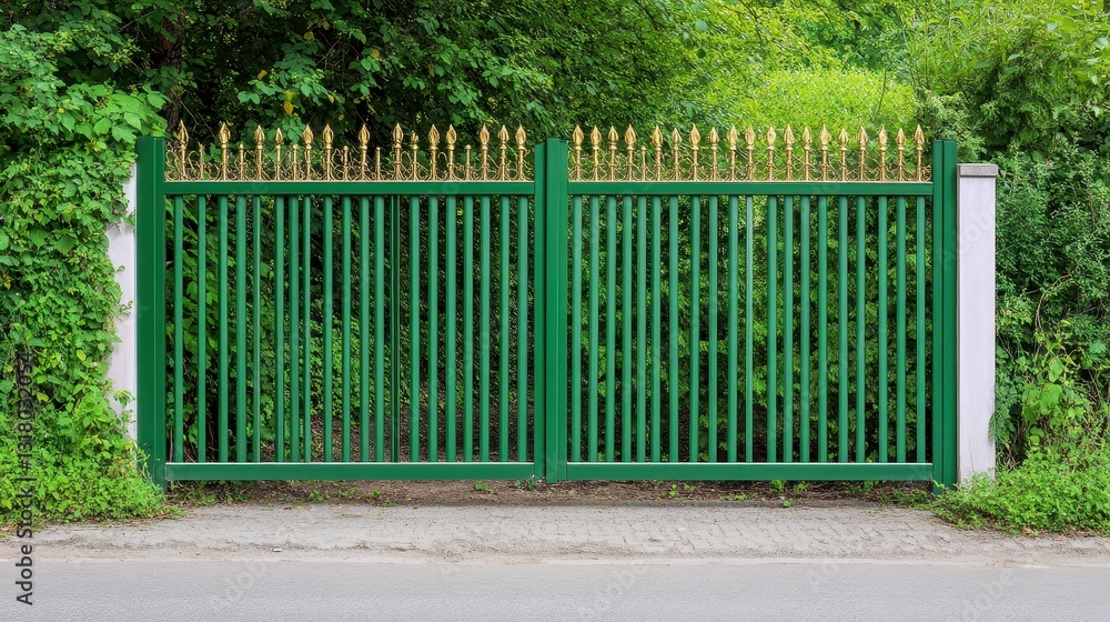 Elegant Green Gate with Gold Finials Surrounded by Lush Foliage Elegant Green Gate with Gold Finials Surrounded by Lush Foliage