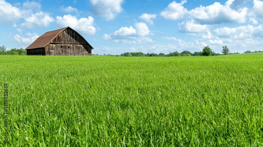 Rustic Wooden Barn Surrounded by Lush Green Grass Under Blue Sky Rustic Wooden Barn Surrounded by Lush Green Grass Under Blue Sky