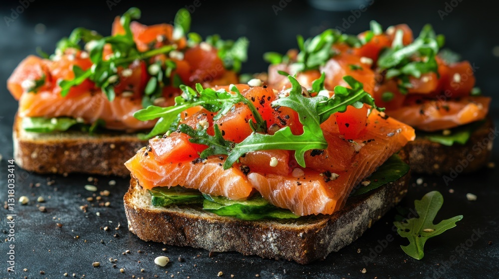 Smoked Salmon & Arugula Toasts on Dark Stone Smoked Salmon & Arugula Toasts on Dark Stone