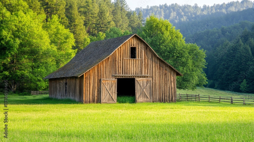 Fototapeta premium Rustic Wooden Barn Surrounded by Lush Green Fields and Trees