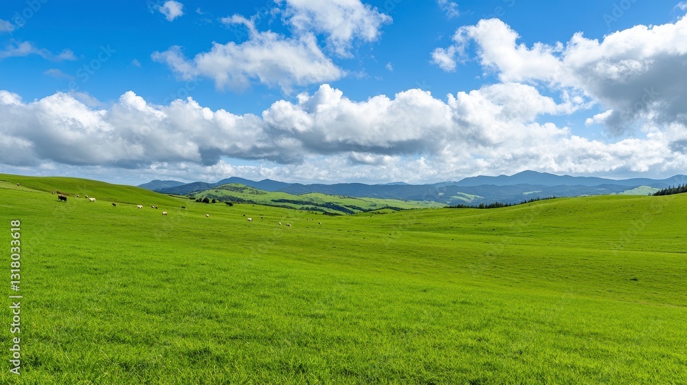 Expansive Green Pasture Under Bright Blue Sky with Fluffy Clouds Expansive Green Pasture Under Bright Blue Sky with Fluffy Clouds