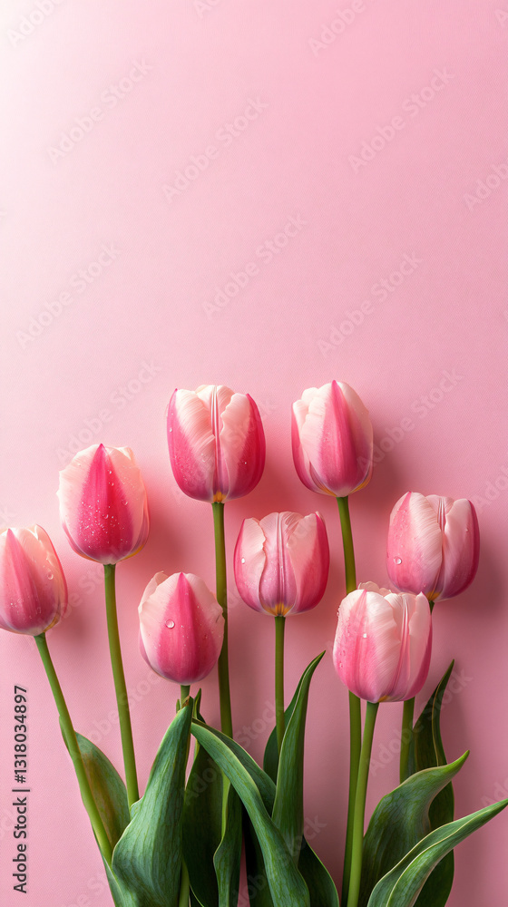Fototapeta premium A serene composition of pink tulips against a soft background, perfect for spring events, Mother's Day greetings, or floral decor promotions.