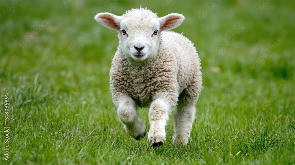Fototapeta premium Lamb running in a grassy field