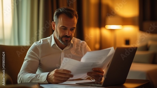 Candid of an executive reviewing a business deal, mid-range shot, in a stylish hotel suite, using depth of field, with warm golden tones