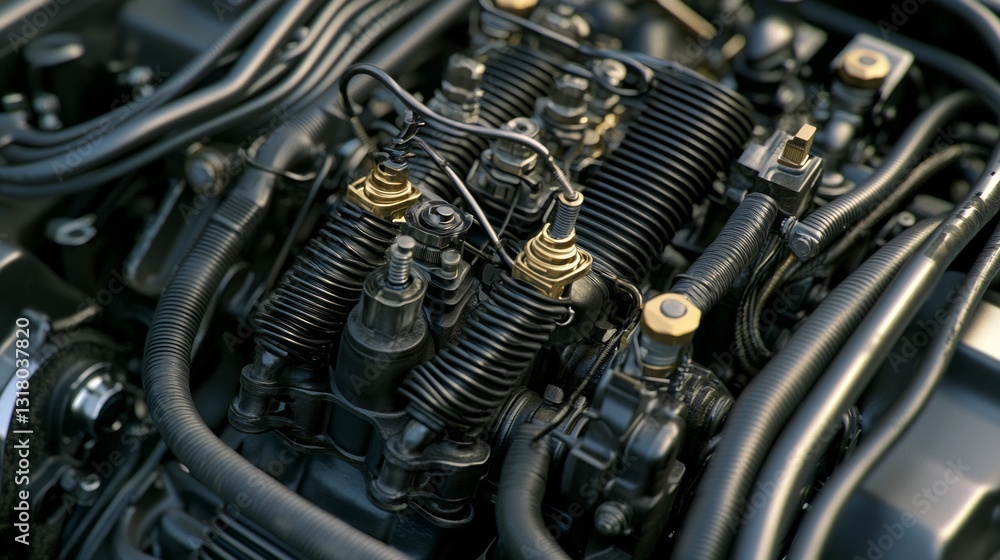 Bright New Spark Plug Wires Snapped in Engine Bay Close-Up Bright New Spark Plug Wires Snapped in Engine Bay Close-Up