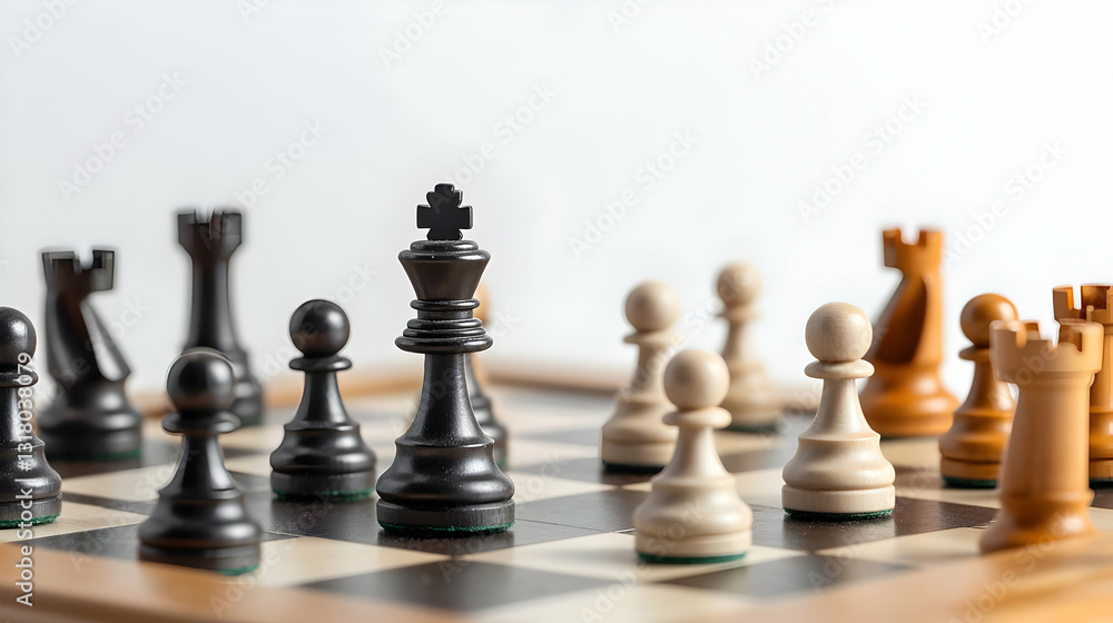 Classic Wooden Chessboard With Black King Piece In Focus And Surrounding Pieces In Shallow Depth Of Field During Intense Strategic Game Classic Wooden Chessboard With Black King Piece In Focus And Surrounding Pieces In Shallow Depth Of Field During Intense Strategic Game