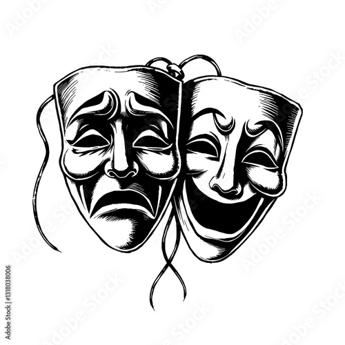 theater masks symbol sad and joyful sketch engraving PNG illustration. T-shirt apparel print design. Scratch board imitation. Black and white hand drawn image.