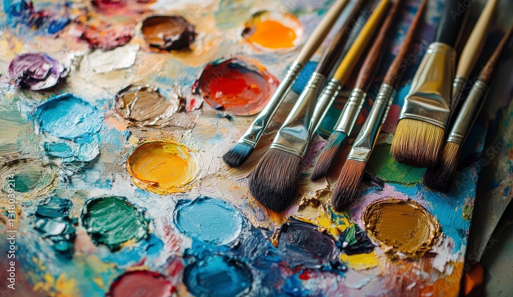 Fototapeta premium Close Up Colorful Paint Palette with Paintbrushes