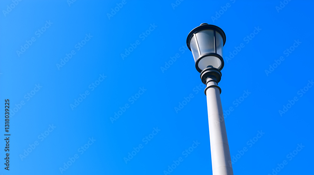A pole with a lantern is depicted against a bright blue sky. The pole is concrete, gray in color, the lantern is black, located at the top of the pole. The lantern has a hemispherical shape, slightly