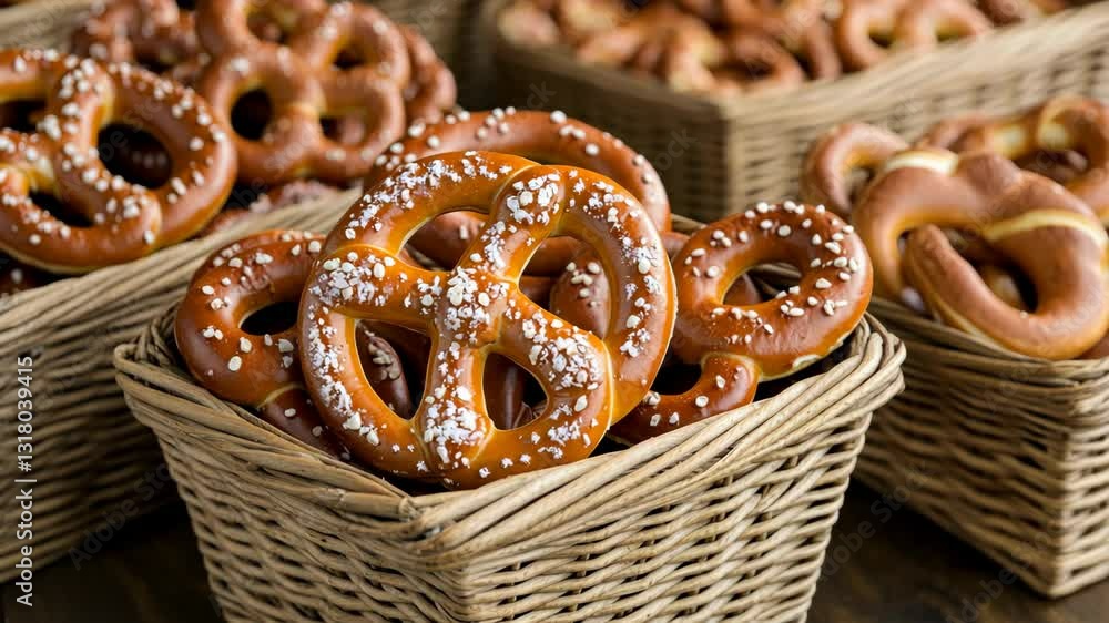 Freshly baked soft pretzels displayed in woven baskets at a food market in the afternoon