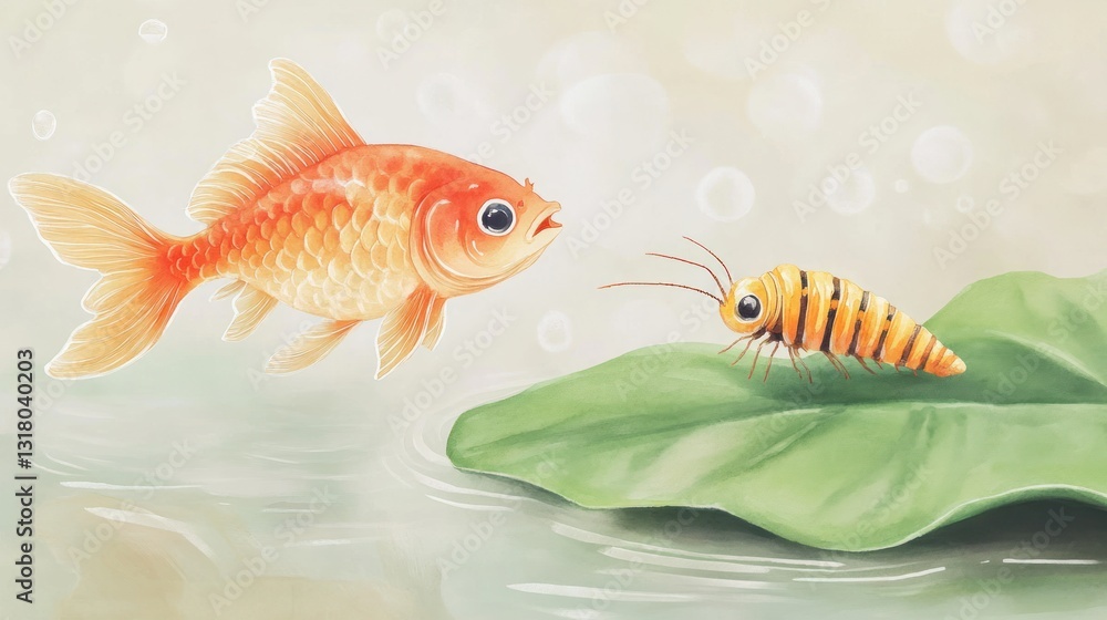 Fototapeta premium Goldfish and insect on pond leaf