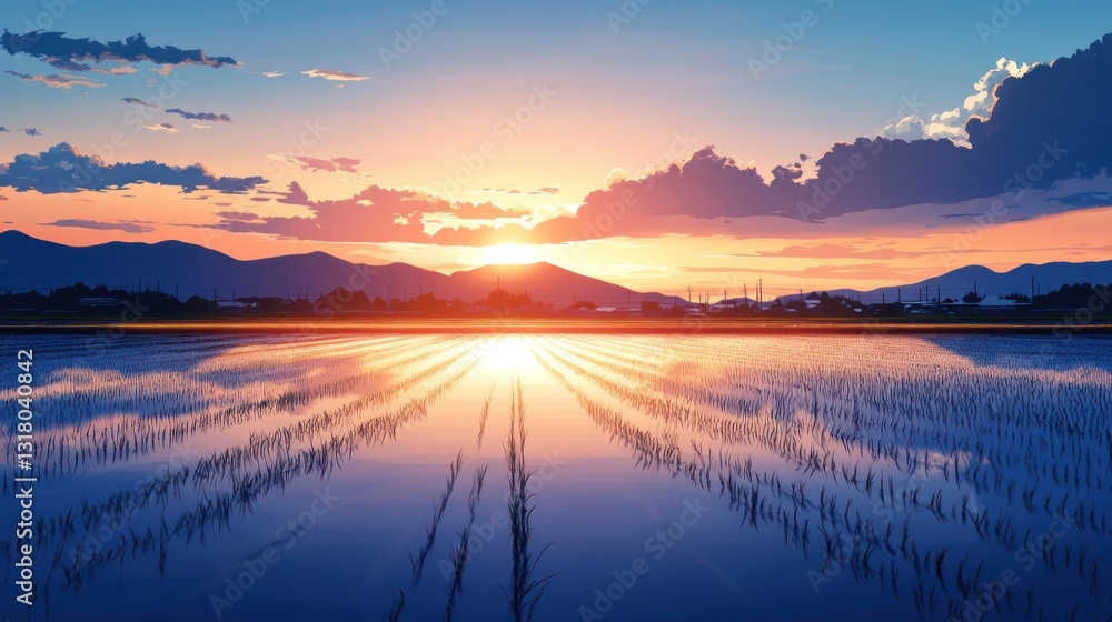 Sunrise over rice paddy fields Sunrise over rice paddy fields