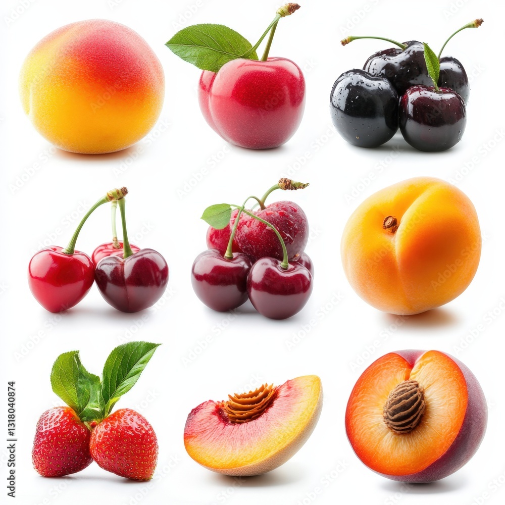 A collection of fresh and ripe fruits and berries isolated on a white background A collection of fresh and ripe fruits and berries isolated on a white background
