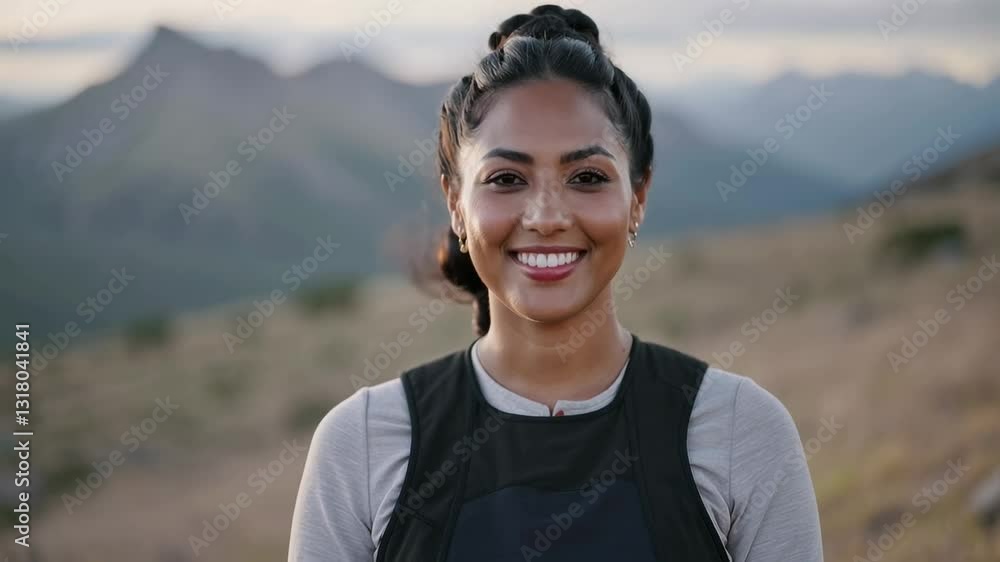 Smiling Hispanic Woman in Athletic Gear Enjoys Outdoor Adventure in Scenic Mountain Landscape During Golden Hour Smiling Hispanic Woman in Athletic Gear Enjoys Outdoor Adventure in Scenic Mountain Landscape During Golden Hour