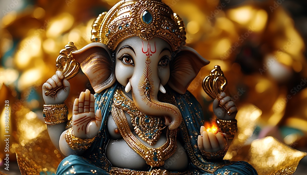 Fototapeta premium Ornate Ganesha Statue, Golden Background