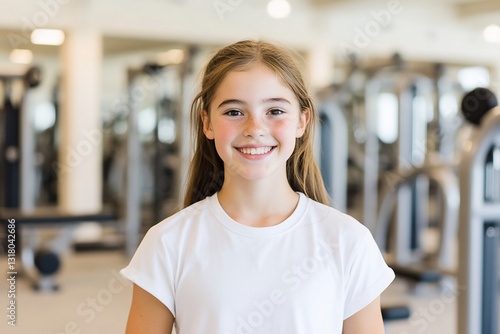 Free Download Smiling girl in a gym with exercise machines behind for fitness or health - GFXLoad