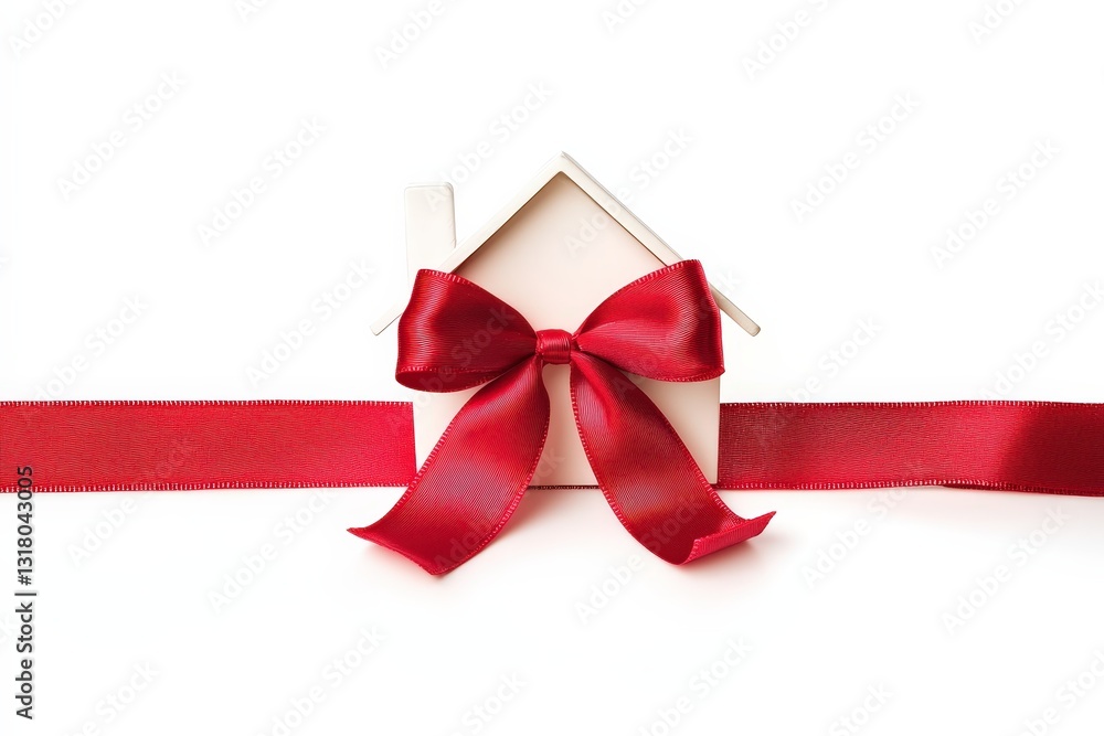 A small white house tied with a red ribbon bow A small white house tied with a red ribbon bow