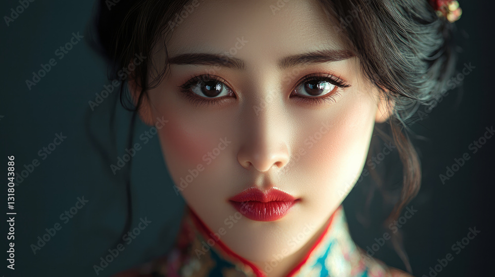 Fototapeta premium A beautiful Chinese woman, wearing a cheongsam, generative AI