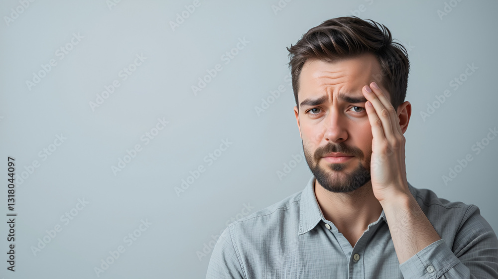 Man suffering from eyestrain on light grey background. Space for text Man suffering from eyestrain on light grey background. Space for text