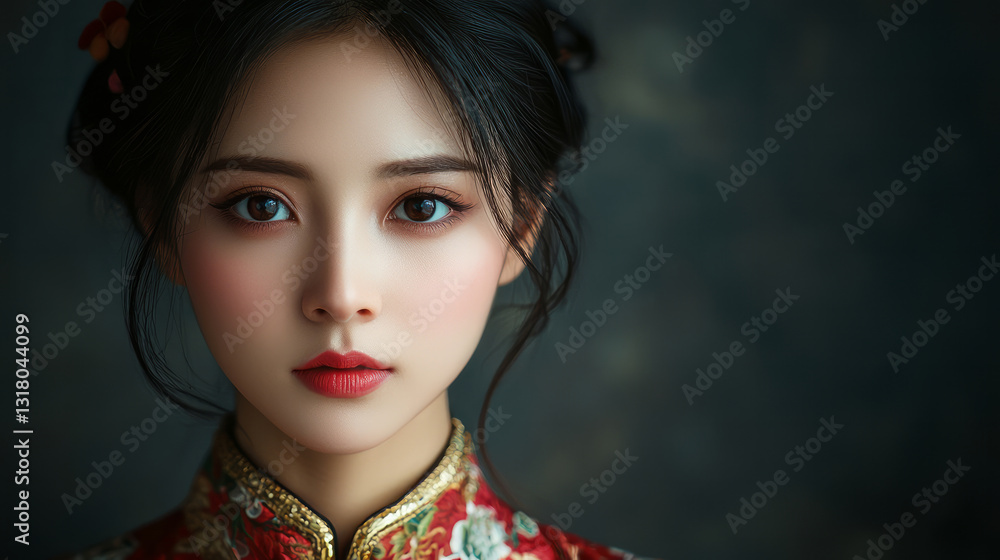 Naklejka premium A beautiful Chinese woman, wearing a cheongsam, generative AI