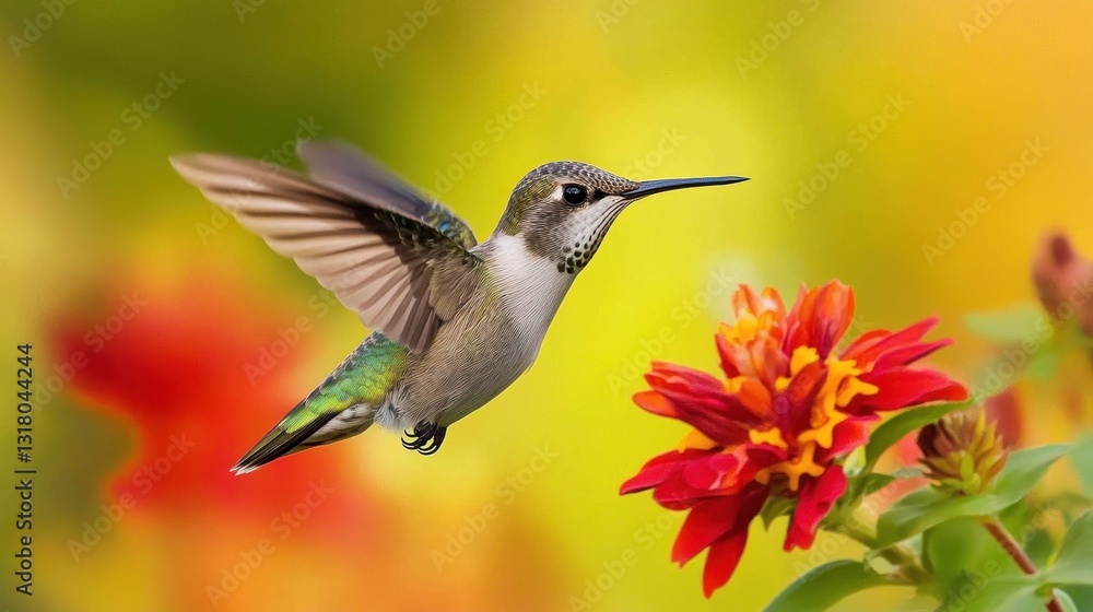 Fototapeta premium Hummingbird gracefully hovers near a vibrant zinnia in colorful ambiance