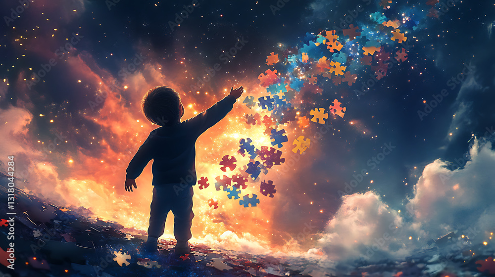 Fototapeta premium A hopeful digital artwork showing an autistic child reaching for the stars with a puzzle trail behind 