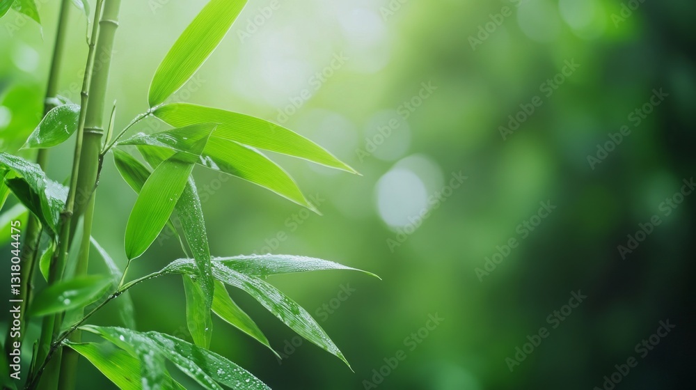 Fototapeta premium Lush green bamboo leaves bathed in morning light