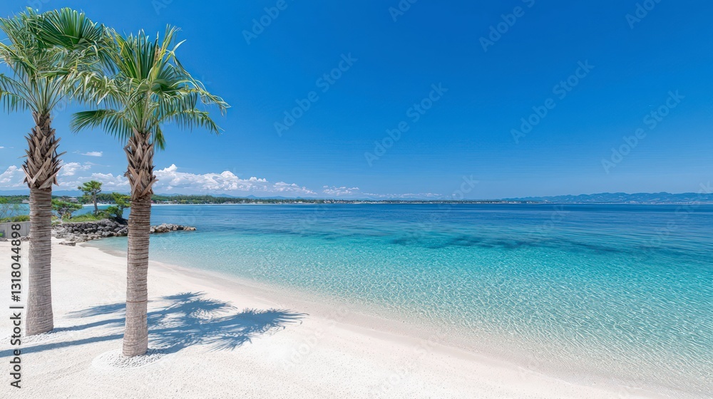 Fototapeta premium Idyllic Tropical Beach Palm Trees Turquoise Water White Sand