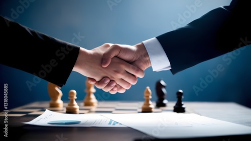 Business negotiation handshake after chess game office photo indoor close-up strategy