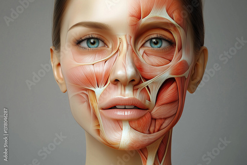 Realistic 3D illustration of woman face showing detailed muscle structure, highlighting anatomy and beauty. contrast between skin and muscles evokes curiosity and fascination