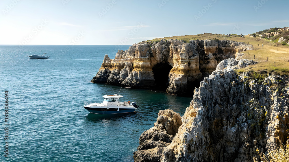Fototapeta premium Scenic Coastal Landscape With A White And Blue Boat Anchored Near A Rocky Cliff With A Cave In The Turquoise Blue Sea