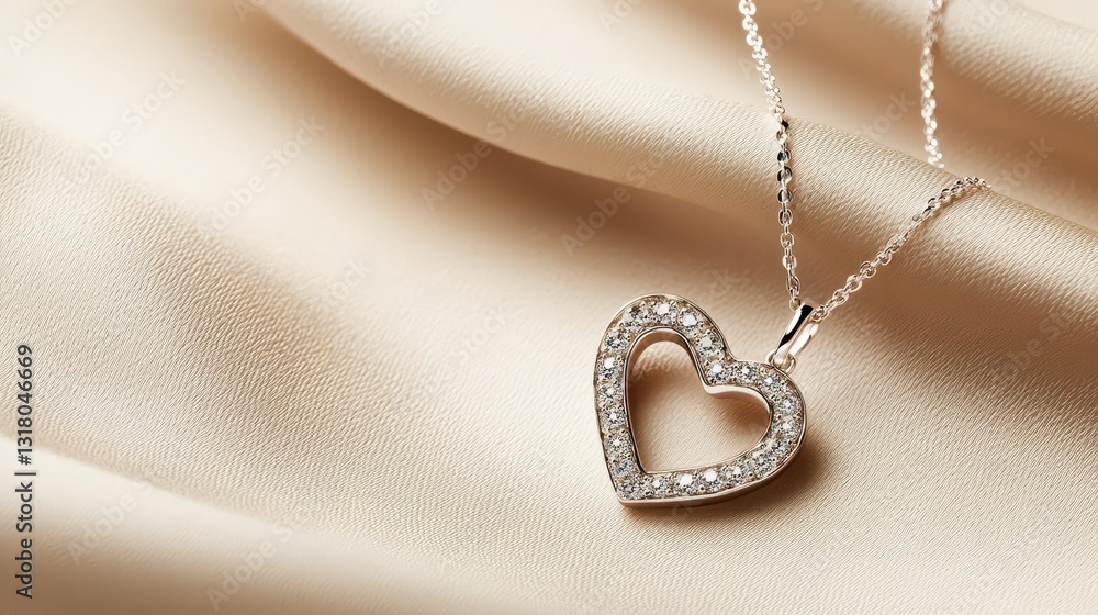 Fototapeta premium Elegant diamond heart necklace arranged neatly in a curve, isolated on a soft fabrictextured background