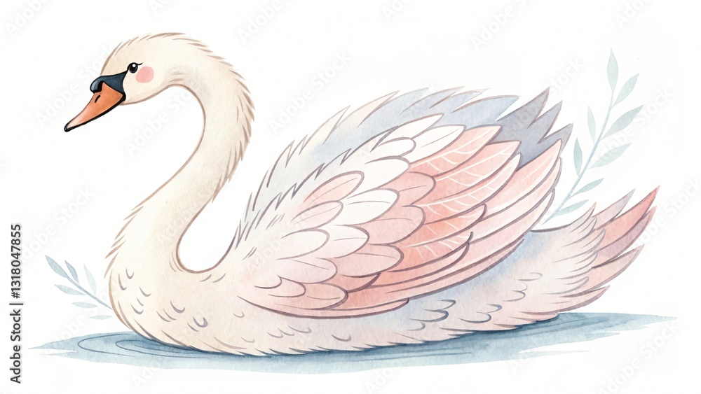Fototapeta premium Elegant Watercolor Painting of a Graceful Swan on Water with Delicate Floral Accents