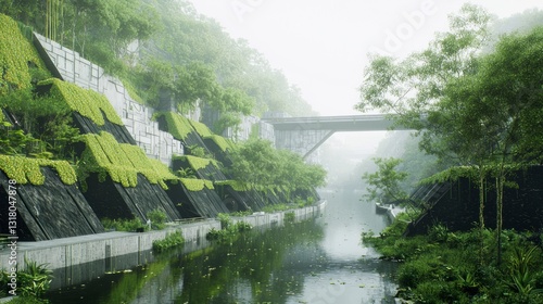 Futuristic Martian City Design Featuring Lush Greenery and Waterway
