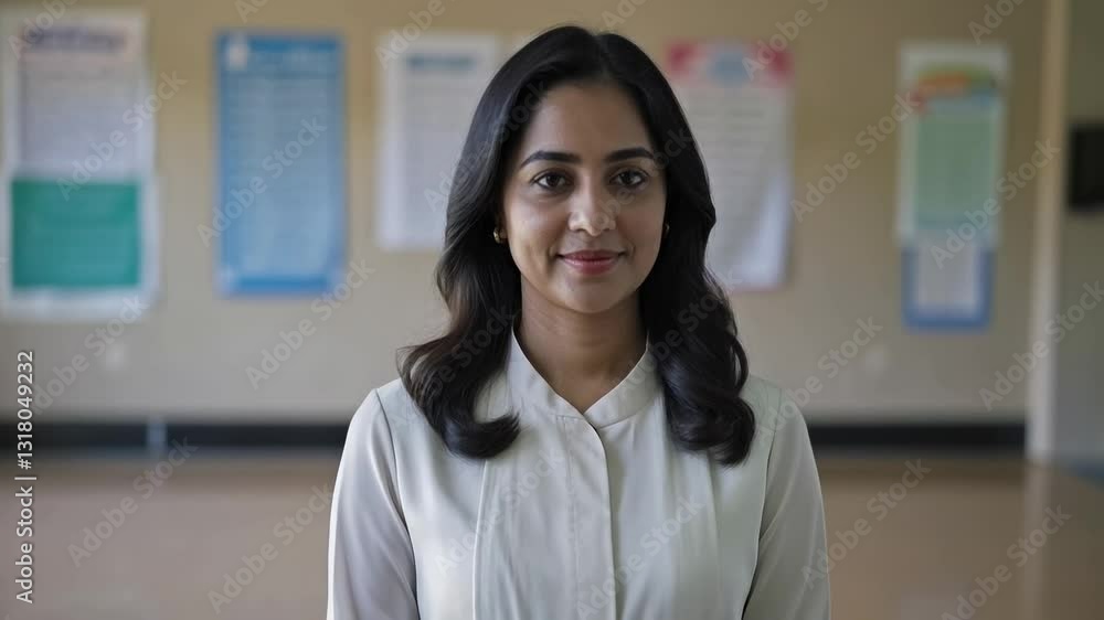 A confident Indian woman in her 30s stands in a bright, spacious room filled with educational posters, showcasing her role in an engaging learning environment. A confident Indian woman in her 30s stands in a bright, spacious room filled with educational posters, showcasing her role in an engaging learning environment.