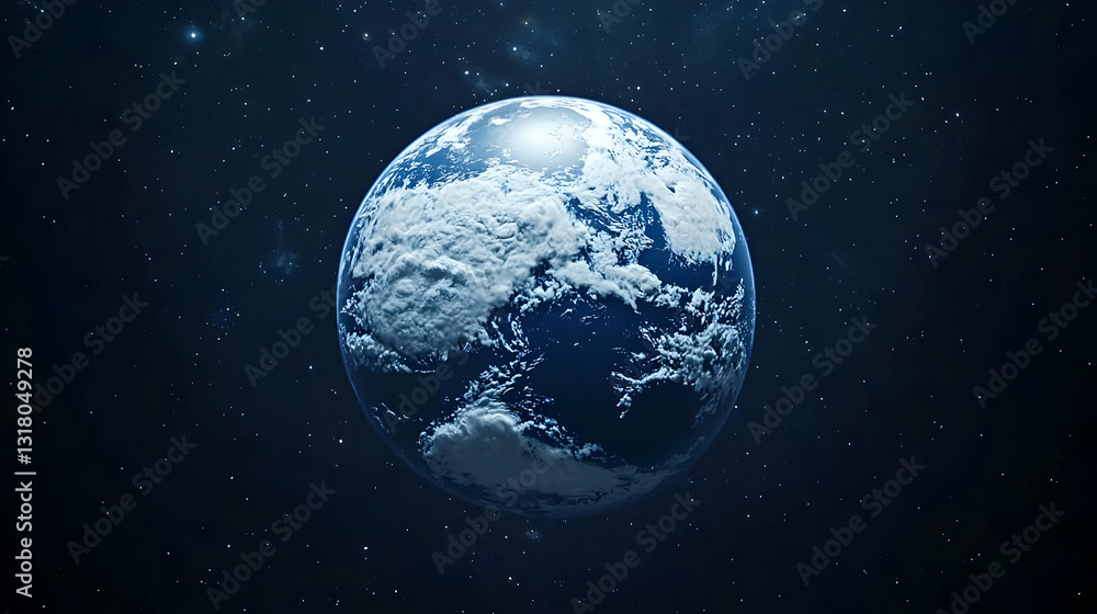 Fototapeta premium Digital Rendering Of Pixelated Earth Sphere Floating In Starry Space With Blue And White Tones