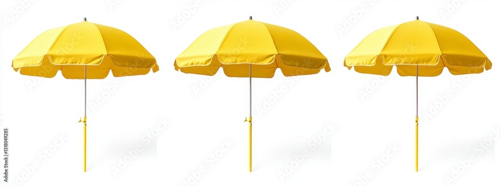 Obraz premium Three Bright Yellow Beach Umbrellas on White Background